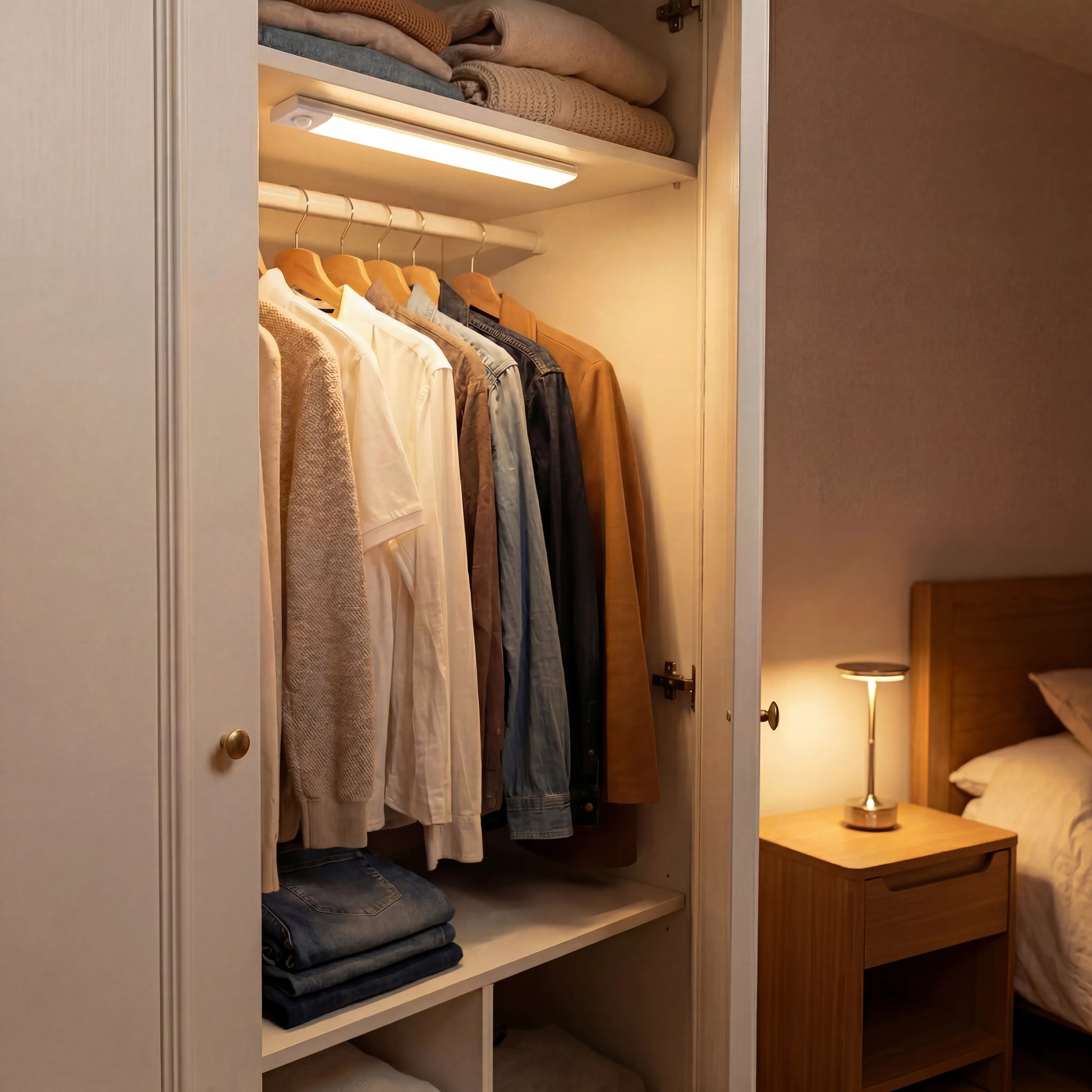 Barra LED ECLARA instalada en armario de ropa iluminando camisas y pantalones vaqueros, lámpara recargable sin cables dormitorio español