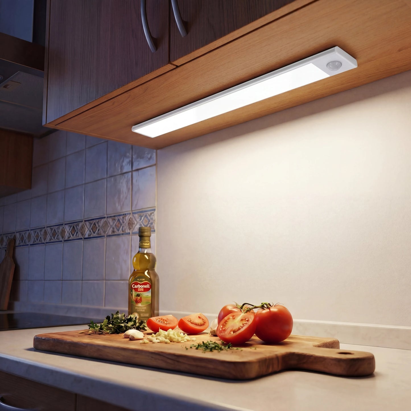 Barra LED ultradelgada ECLARA montada bajo mueble de cocina, ilumina encimera con tabla de cortar y especias españolas