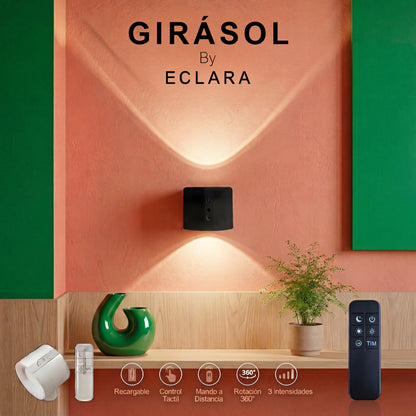 Lámpara LED de pared sin cables ECLARA GIRASOL, instalación fácil sin obras, recargable USB-C, rotación 360° y mando a distancia