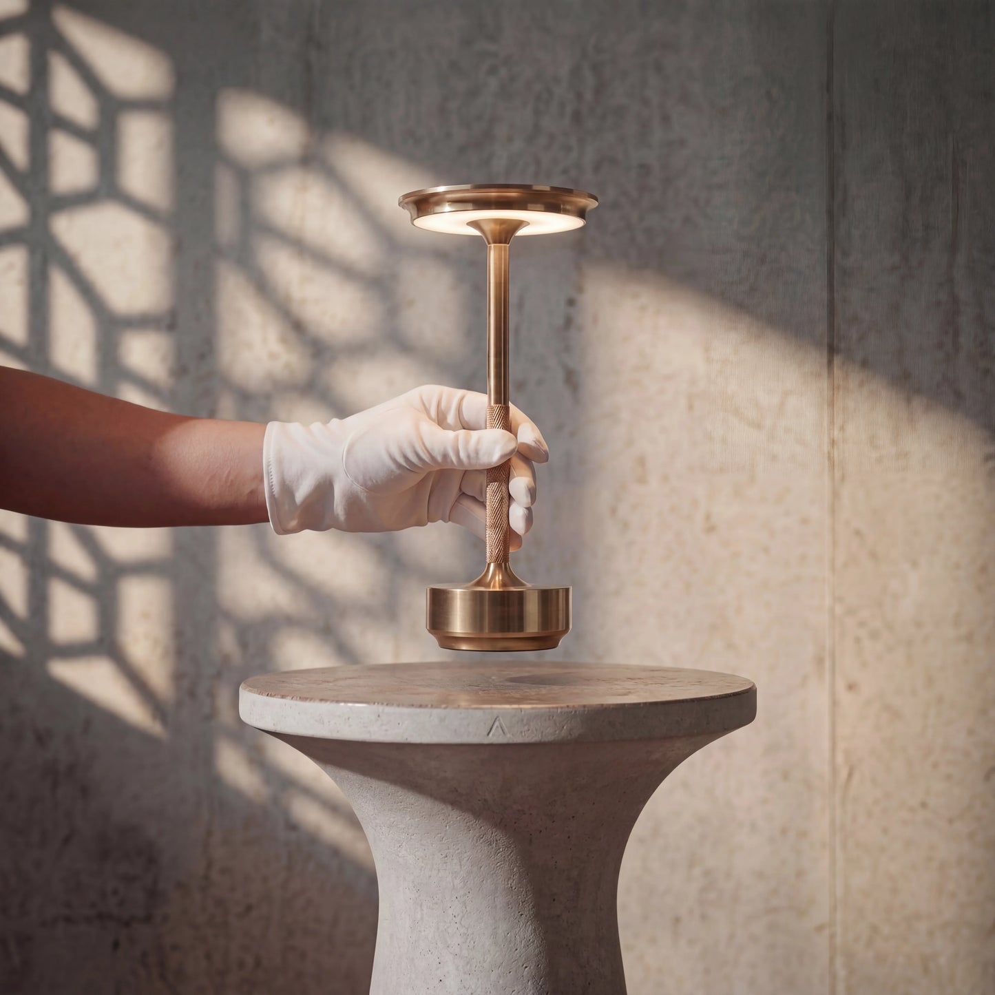 Lámpara de mesa LED sin cable ECLARA ILUMINA, diseño escandinavo en metal dorado, recargable USB-C, portátil e inalámbrica para salón o restaurante