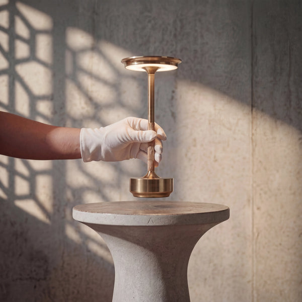 Lámpara de mesa LED sin cable ECLARA ILUMINA, diseño escandinavo en metal dorado, recargable USB-C, portátil e inalámbrica para salón o restaurante