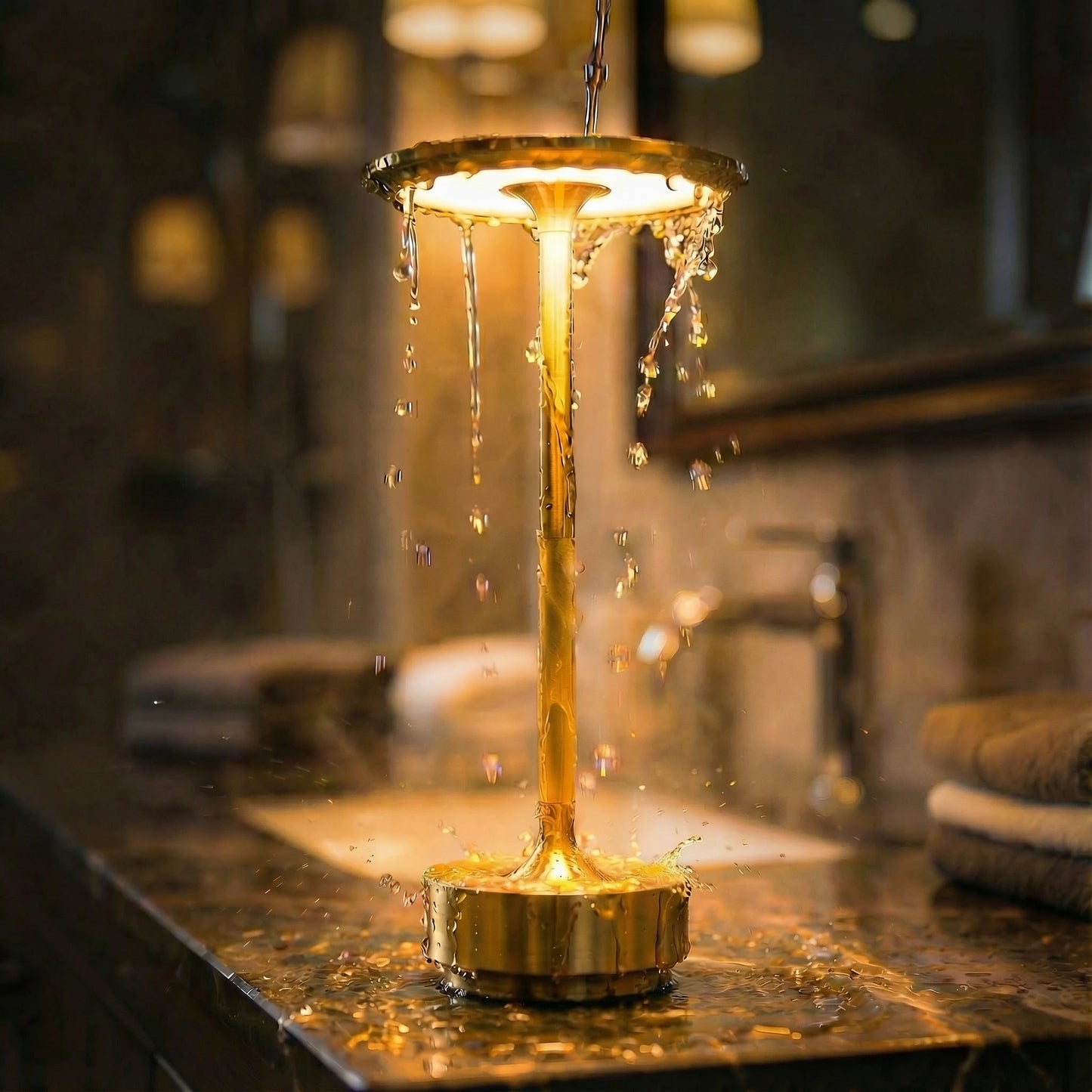 Lámpara de mesa inalámbrica recargable Eclara Ilumina dorada resistente al agua encendida sobre lavabo de mármol en baño de lujo