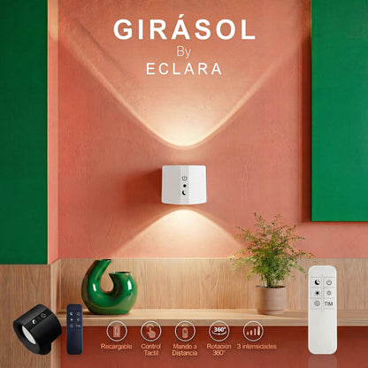 Lámpara LED de pared sin cables ECLARA GIRASOL, instalación fácil sin obras, recargable USB-C, rotación 360° y mando a distancia
