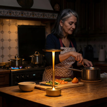 Lámpara de mesa recargable Eclara Ilumina dorada sobre mesa de madera en cocina española con verduras frescas y fogones encendidos al fondo