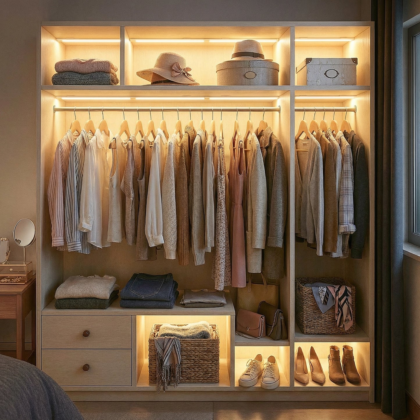 Barra LED ECLARA instalada en armario de ropa iluminando camisas y pantalones vaqueros, lámpara recargable sin cables dormitorio español